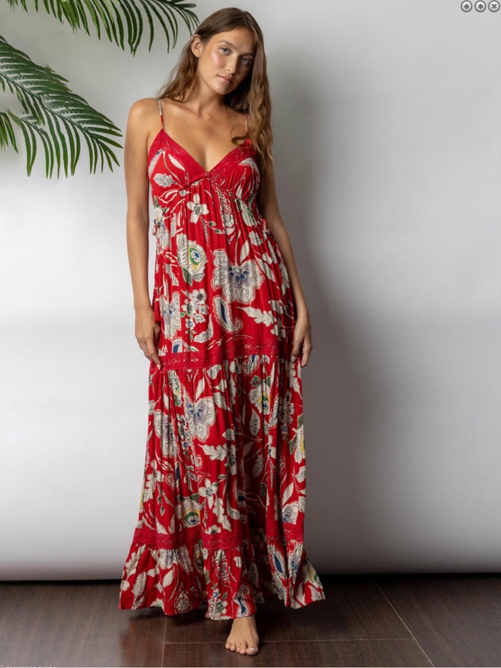 B.O.G. Collective Red Tropical Floral Boho Tiered Maxi Dress w Lace Beach Vibes